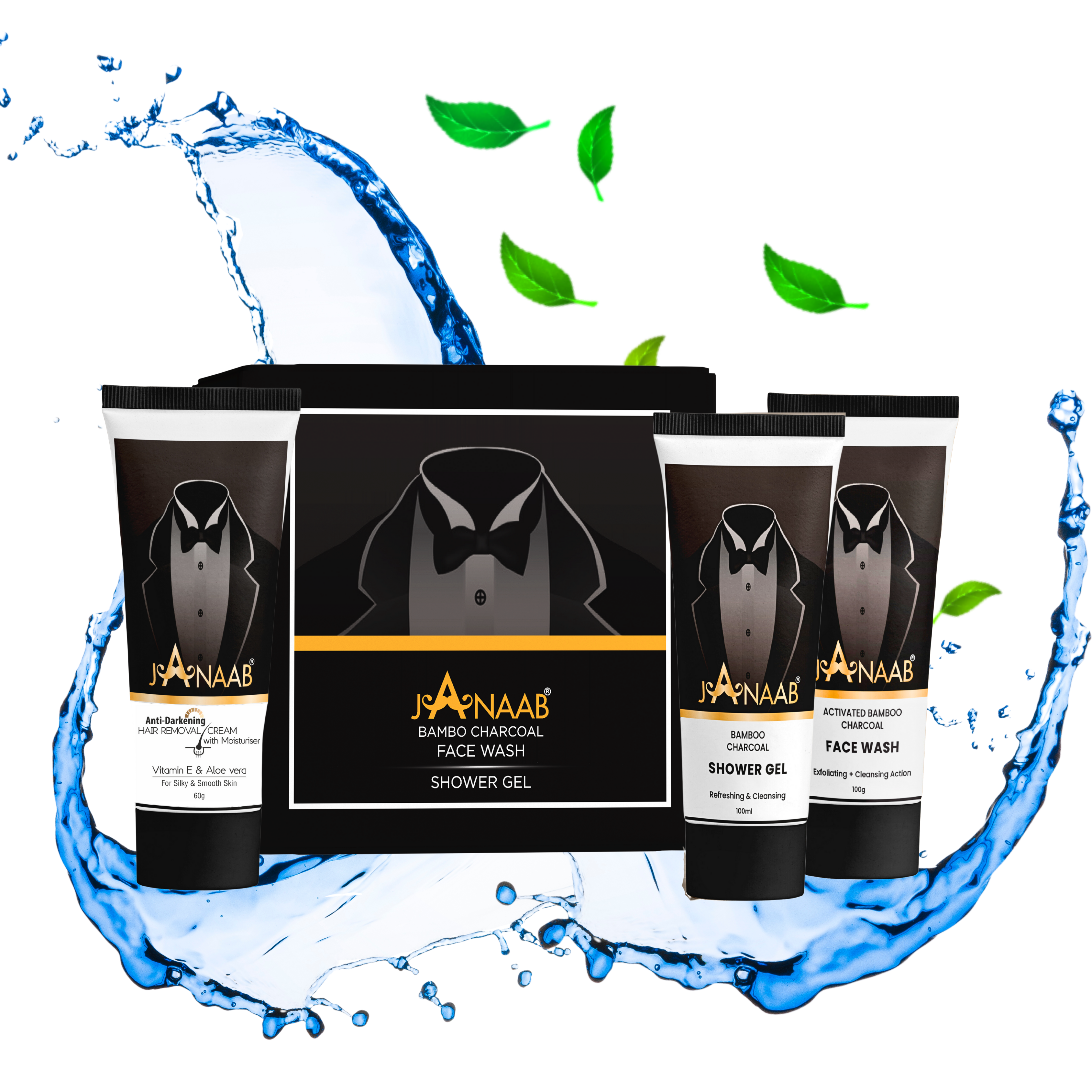 Janaab Activated Bamboo Charcoal Face Wash, Janaab Shower Gel, Free Hair Removal Cream