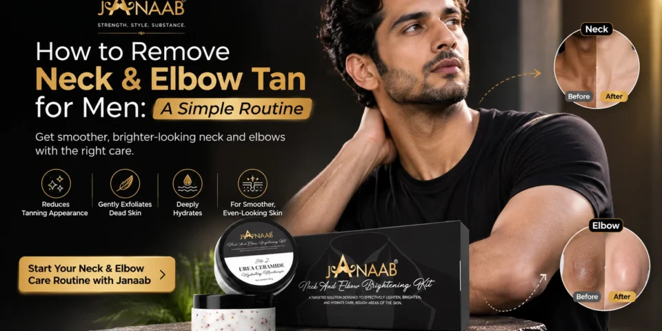 Janaab Neck & Elbow Brightening Kit for men, featuring a targeted exfoliating scrub and Urea Ceramide moisturizer for dark, rough skin.