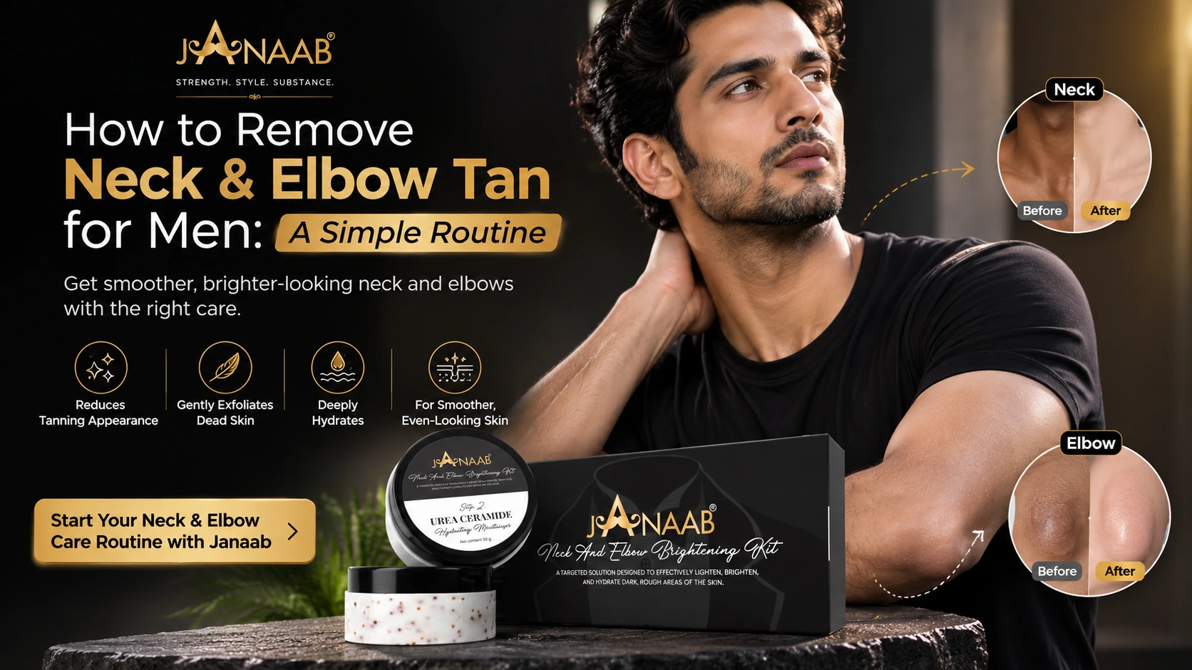 Janaab Neck & Elbow Brightening Kit for men, featuring a targeted exfoliating scrub and Urea Ceramide moisturizer for dark, rough skin.